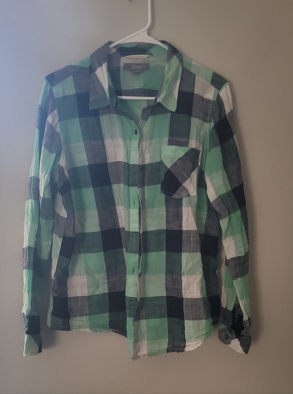 Natural Reflections Green Black and White Plaid Button-Down Shirt